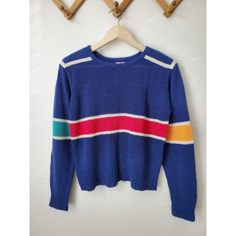 Vintage 70s acrylic sweater colorful stripe loose weave S blue lightweight